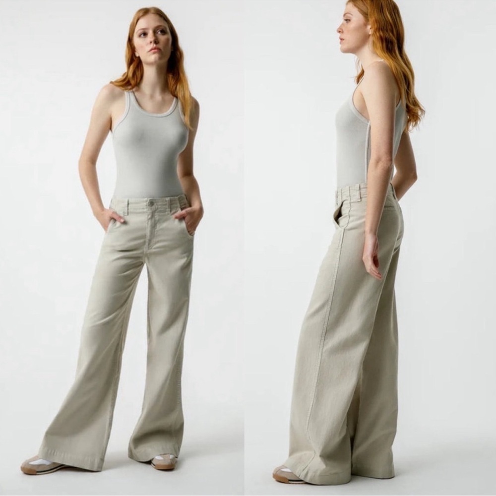 EUC AMO Women's Edith Wide Leg Trouser Cream Wide Leg Pants Khaki Size 29 Linen